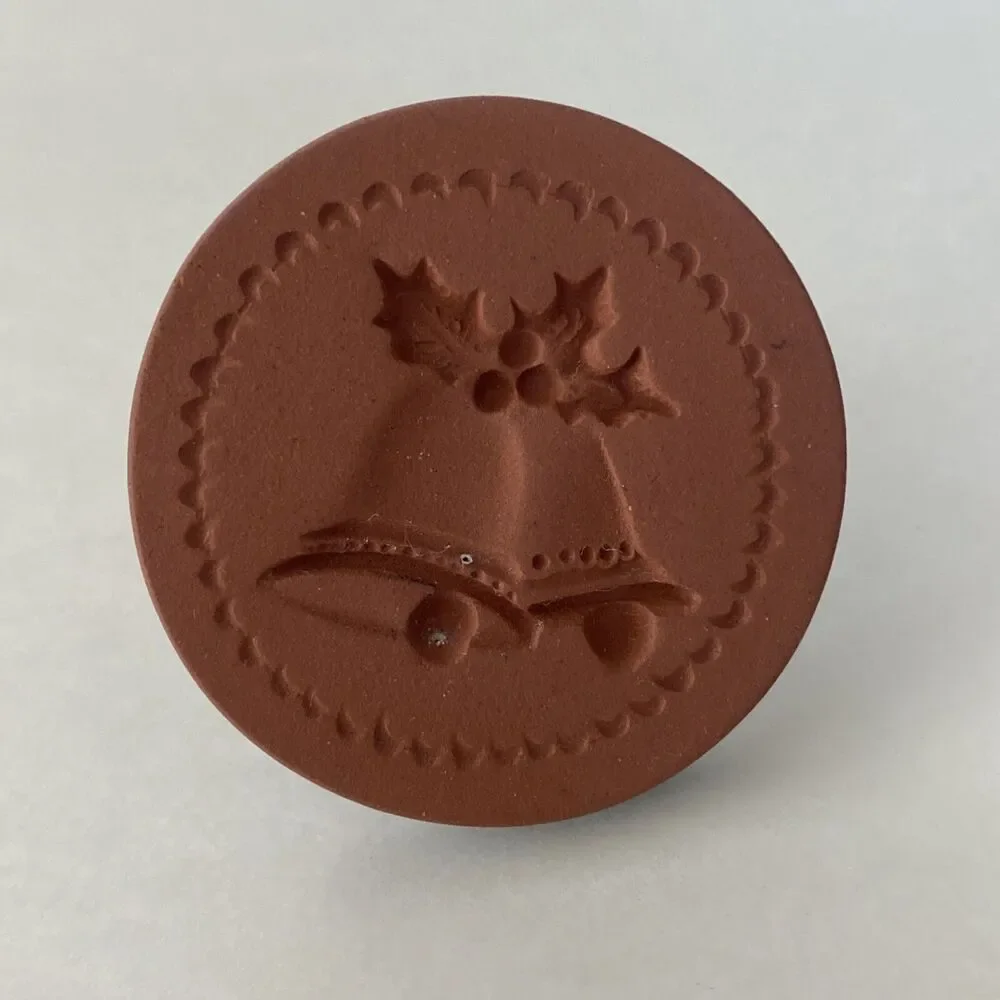 Rycraft Cookie Stamp Christmas Bells Terra Cotta 2” Round Handle Green Glaze